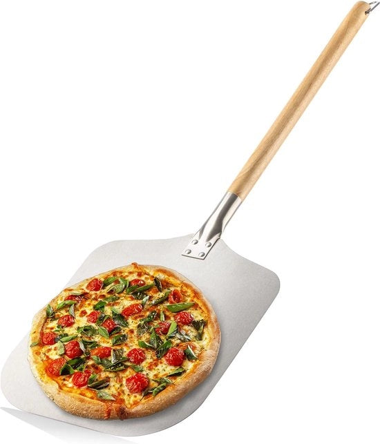Pizzaschep di 430 acciaio inossidabile, schep per pizza e torta con manico in legno, schep per pizza, tarte flambée, panini e pane, manico rimovibile (marrone/argento, quadrato)