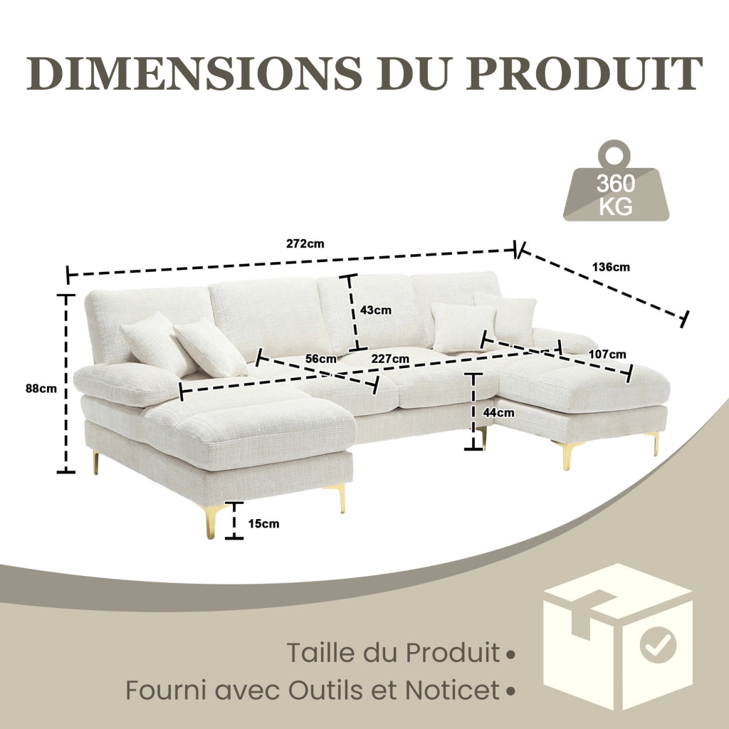 OKWISH Divano Panoramico a U, Doppia Chaise Longue con Cuscini Schienale e Piedi in Metallo, Ciniglia Beige 272 × 136 × 88 cm