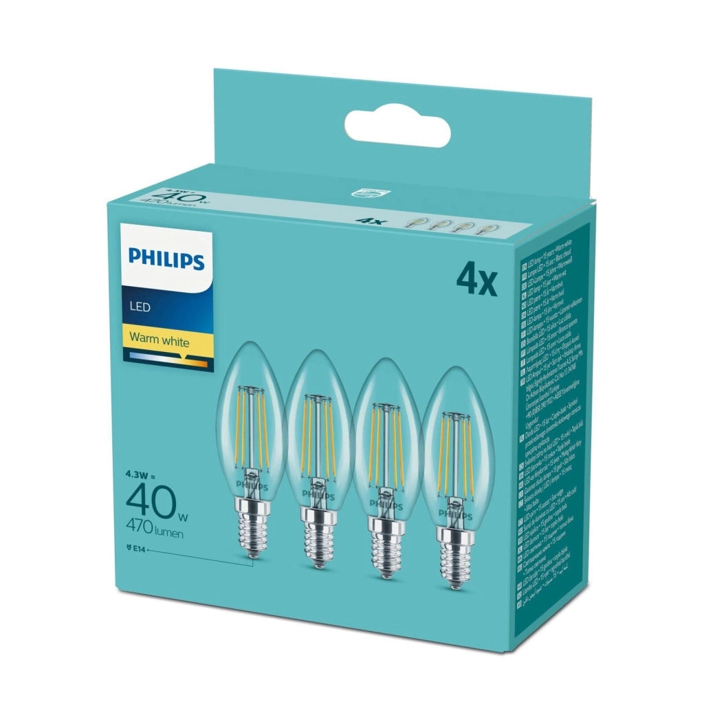 Philips Lampadina LED Candela B35 E14 Filamento 4W 470 lm 2700K Bianco Caldo Trasparente Confezione 4 Pezzi