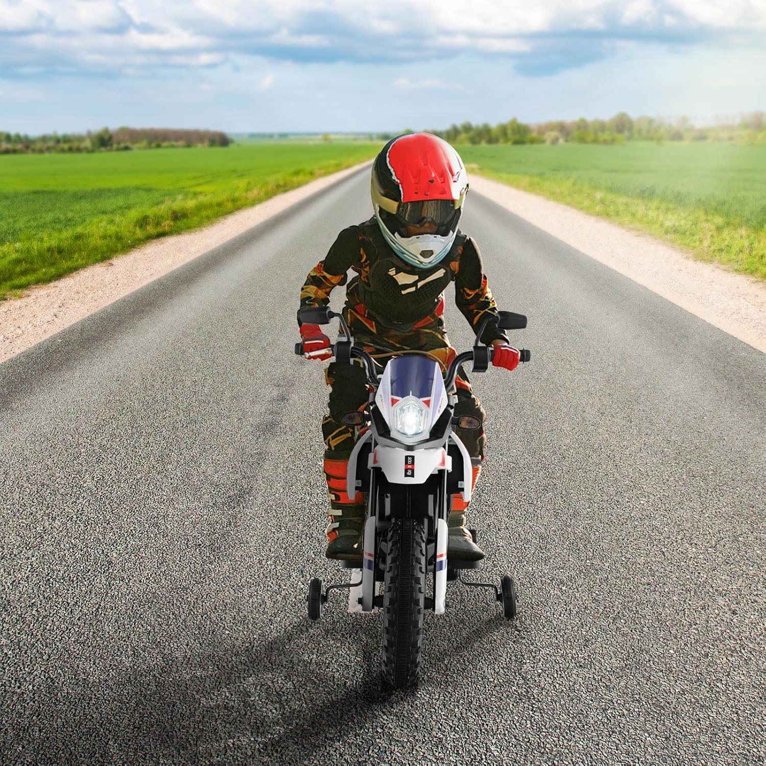 12V Aprilia Moto Cavalcabile per Bambini, Motocicletta Elettrica con Ruote Ausiliarie e Musica Wireless, Sospensione a Molla, Moto Elettrica alla Moda per Bambini 3-8 Anni (Bianco)