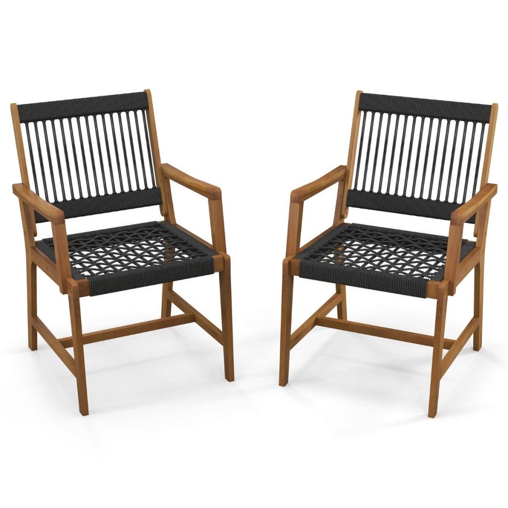 Set di 2 sedie da pranzo in legno di acacia per esterni, Sedie da patio intrecciate in corda con braccioli-Sedie da esterno
