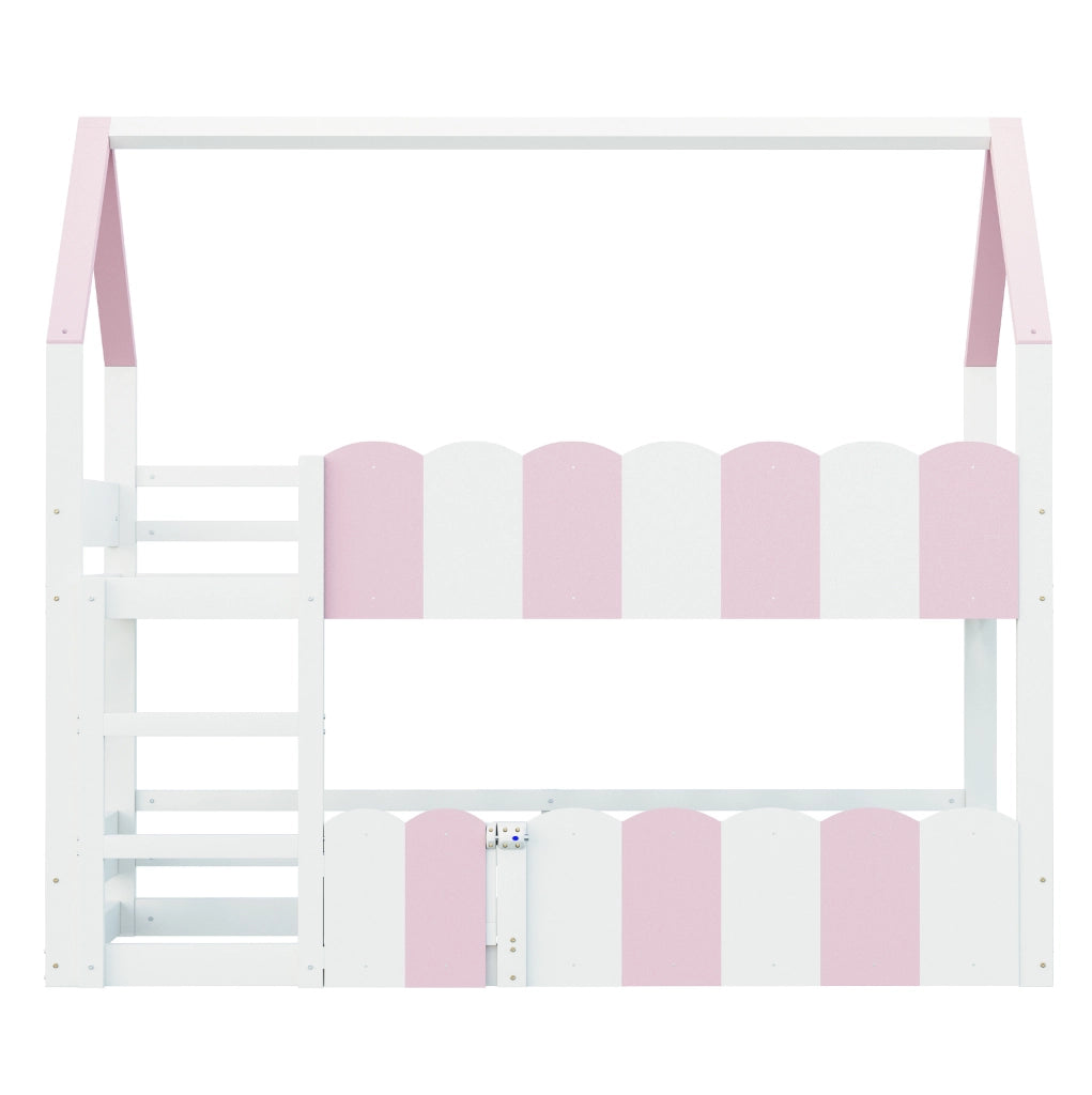 Letto a castello per bambini 90x200 cm a forma di casa rosa e bianco