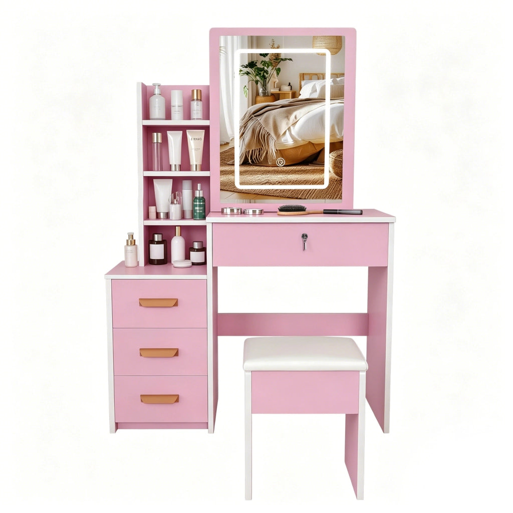 Set Tovaglia Trucco con Specchio e Luce Regolabile ¨C Minimal ¨C Rosa, 4 cassetti, 85x36x130 cm