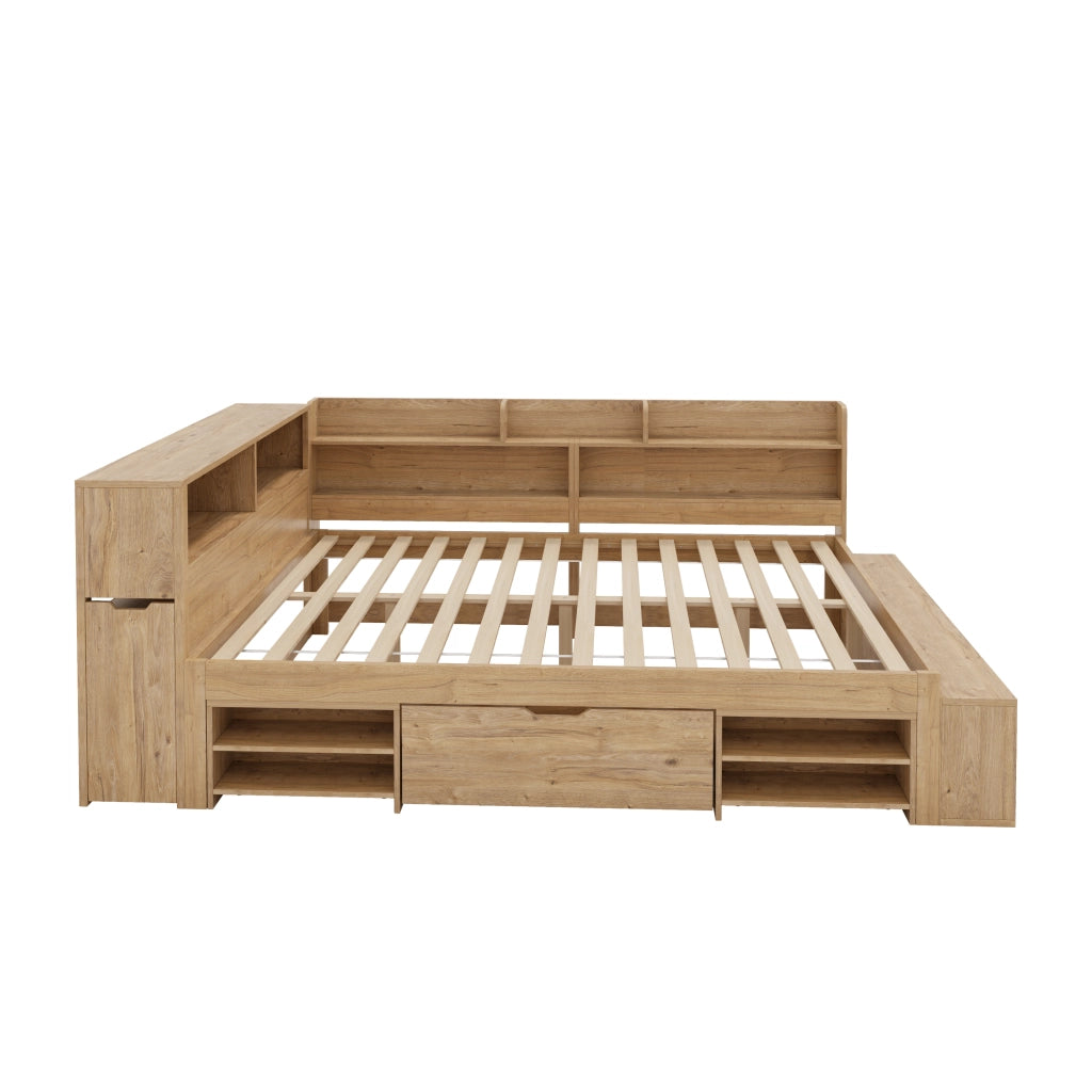 Letto singolo 140x200 cm con contenitore, cassetti e scaffali, colore naturale