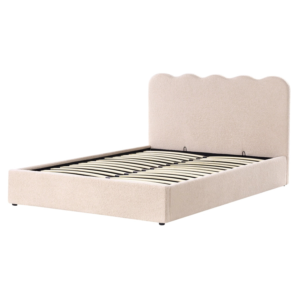 Letto in bouclé imbottito color beige 160 x 200 cm contenitore elevabile con testiera e rete a doghe