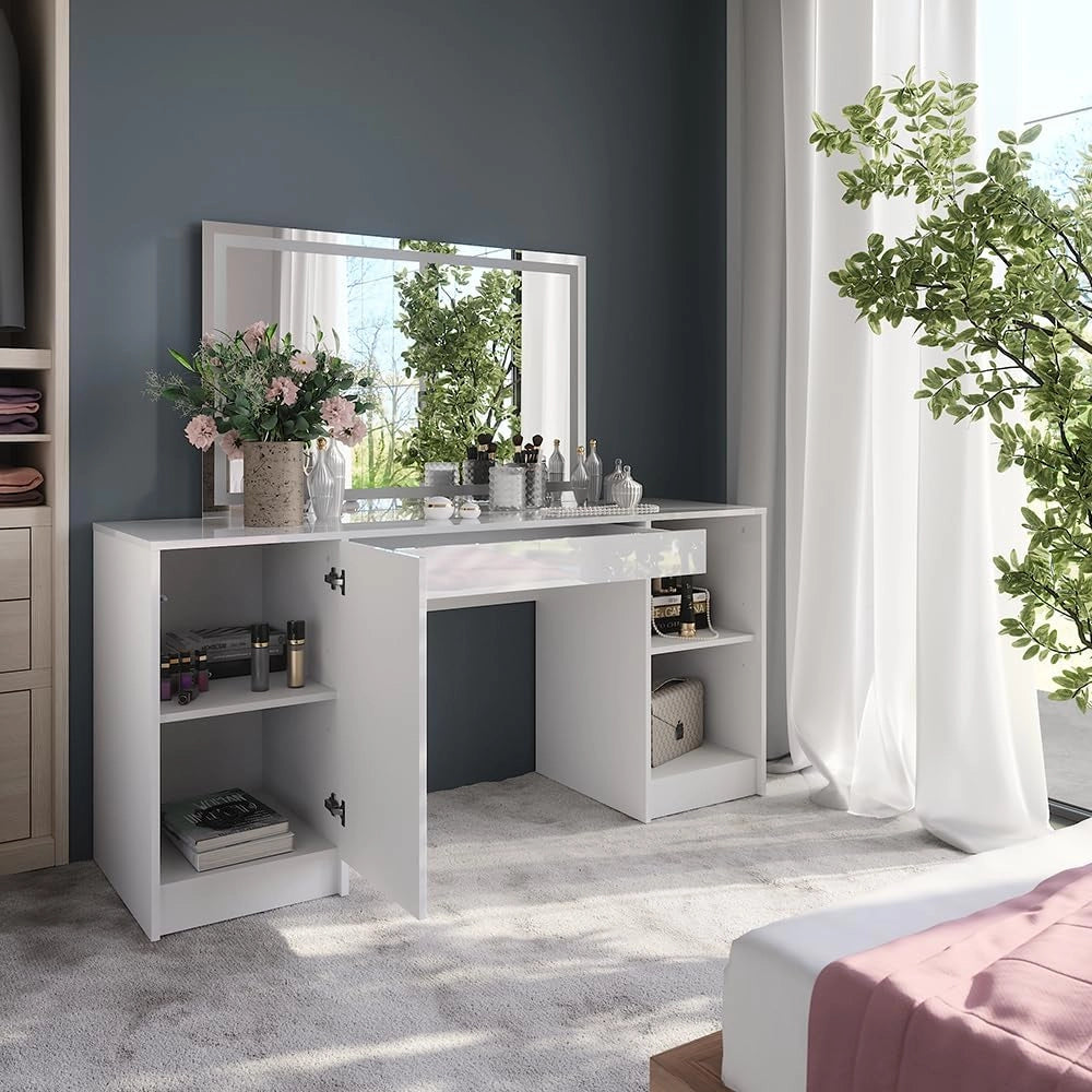 Tavolo da toeletta Sherry, Bianco/bianco lucido, 158.2 cm con specchio LED