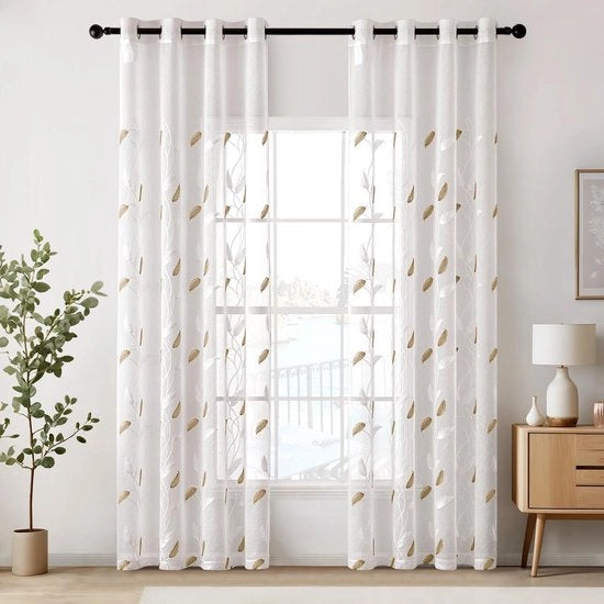 Voile per tenda con occhielli e foglie trasparenti a motivi - Set da 2 - H 160 x B 140 cm - Beige