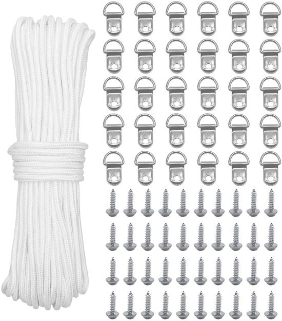 Cordone per appendere quadri in nylon, 30m x 2mm, bianco, con 30 anelli D e 40 viti