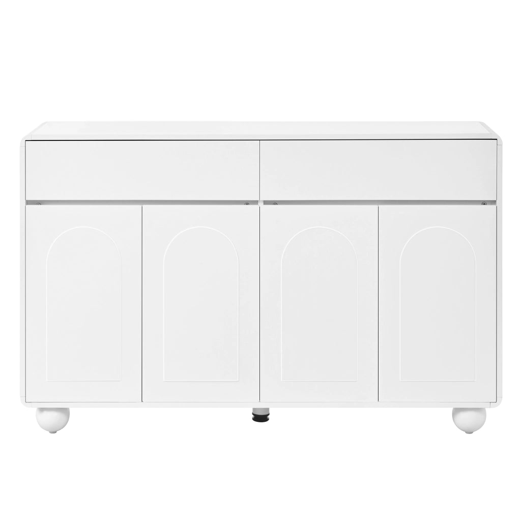 Credenza, mobile contenitore, 2 cassetti, decorazioni a rilievo ad arco, in MDF, piedini metallici rotondi, bianco
