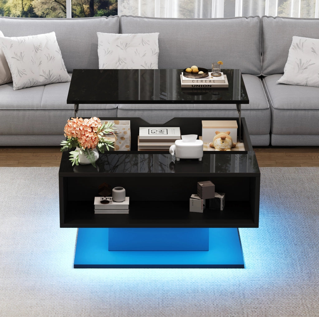 Tavolino da salotto sollevabile con LED, vano nascosto e finitura lucida