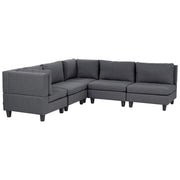 Divano componibile a 5 posti imbottito in tessuto grigio scuro gambe nere lato destro stile moderno