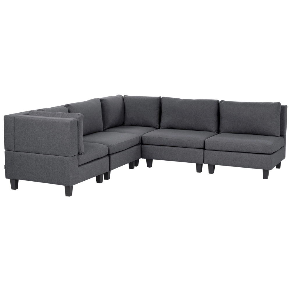Divano componibile a 5 posti imbottito in tessuto grigio scuro gambe nere lato destro stile moderno