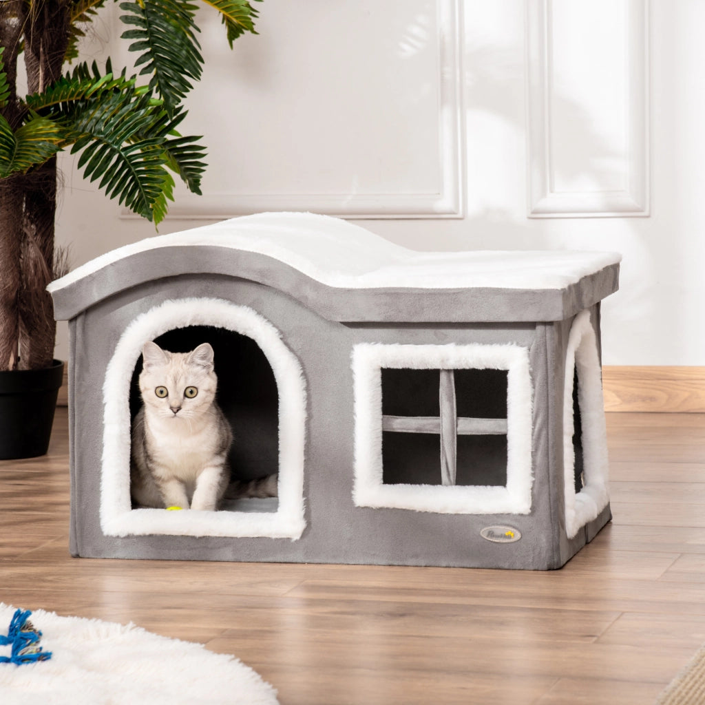 Casetta per Gatti da Interno con 2 Entrate e Finestra. Cuscino e Base Antiscivolo. 63.5x37x40cm. Grigio