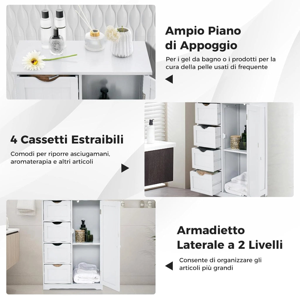 Mobiletto da Pavimento per Bagno con 4 Cassetti e 1 Anta, Mobile Multiuso con Ripiano Regolabile, Mobile da Terra in Legno per Soggiorno, Bagno, 56 x 30 x 82 cm (Bianco)