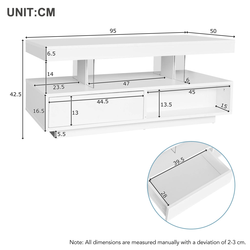 TAVOLINO DA SALOTTO 95x50x42,5 cm Bianco Lucido con 2 cassetti e 2 vani aperti