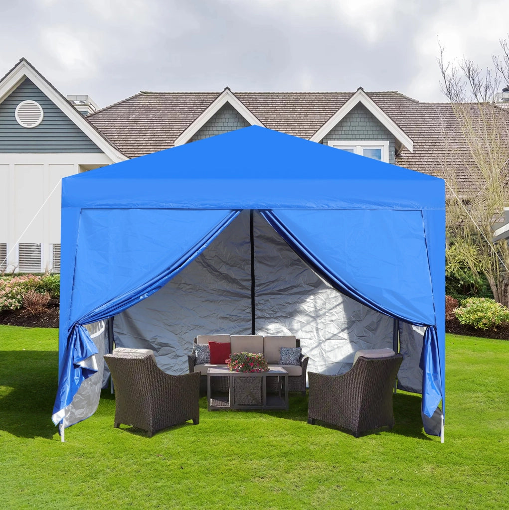 Gazebo pieghevole 3x3 m blu con pareti laterali e sacchi di sabbia