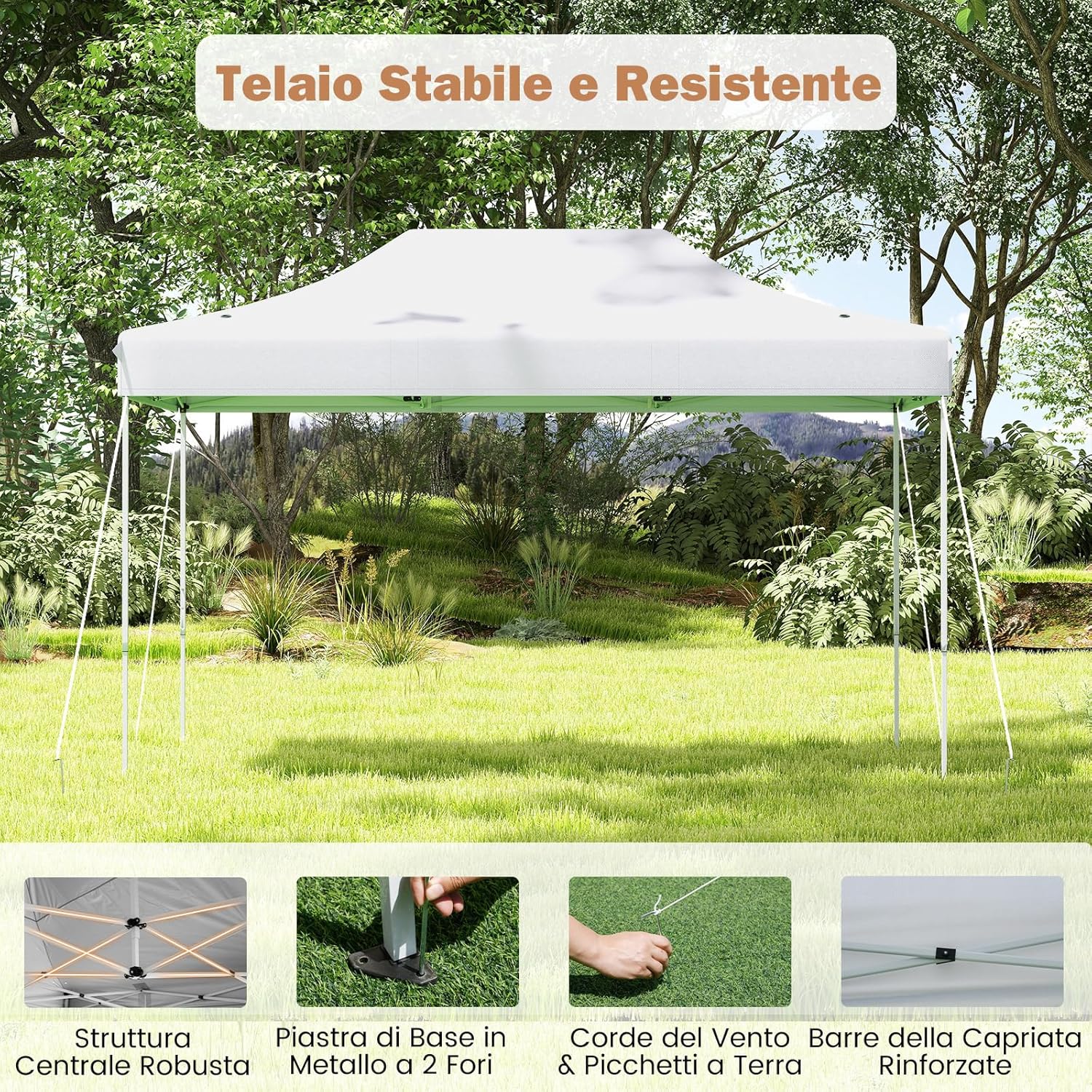 Gazebo Pop-up Pieghevole 3 x 4,5 m, Gazebo da Giardino Impermeabile Altezza Regolabile con Fori di Drenaggio, Tenda da Giardino Antivento con Borsa di Trasporto a Ruote (Bianco)