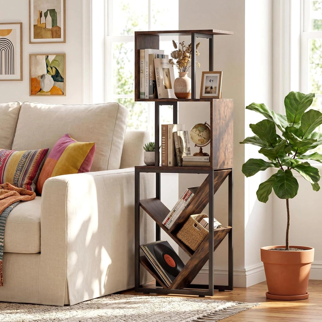 Libreria Scaffale, Librerie Verticali da Terra a 6 Ripiani Aperti, Scaffale Alto Industriale a S e Albero, 39,5 x 25 x 122 cm, per Soggiorno, Ufficio e Camera da Letto