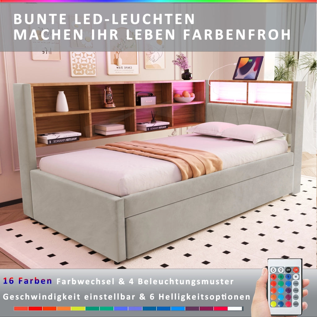 Letto estraibile 2 posti 90×200 cm e 90×190 cm con LED; USB; Type-C; ripiani; senza materasso; grigio chiaro
