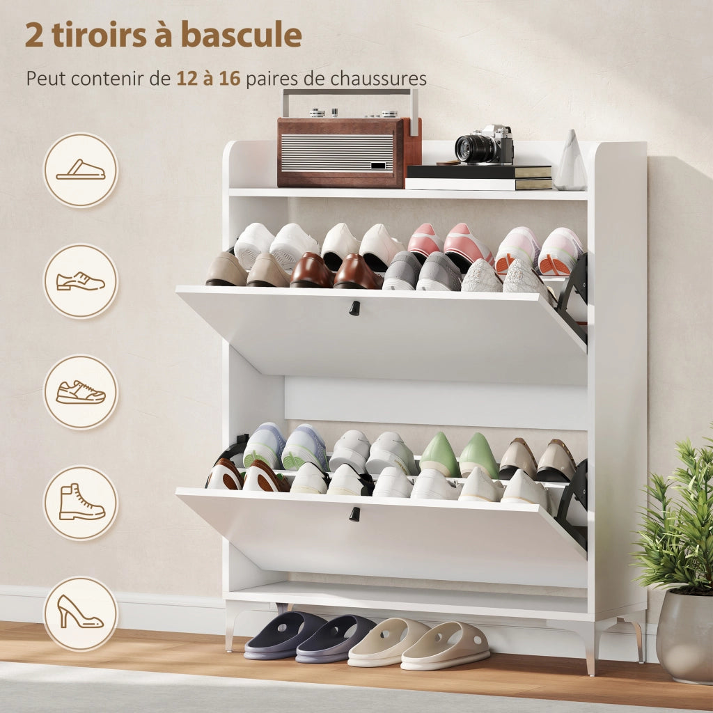 Scarpiera 16 paia con 2 cassetti e ripiani regolabili ¨C Zephmum ¨C Bianco 80x24x101cm