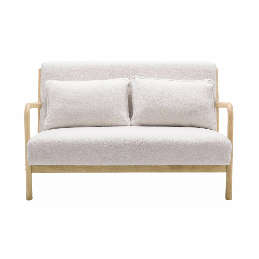 Panca stile scandinavo in legno e bouclé, 2 posti, crema