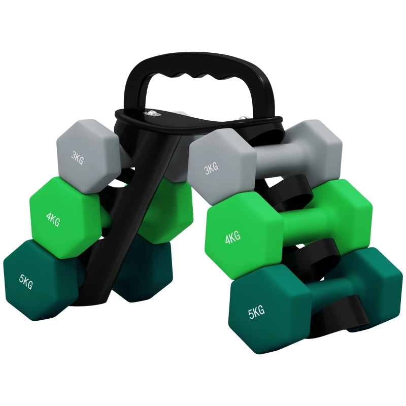 Set di 6 manubri: 2 x 3 kg, 2 x 4 kg, 2 x 5 kg, set di manubri con supporto, set di manubri esagonali, per allenamento di forza, fitness a casa,
