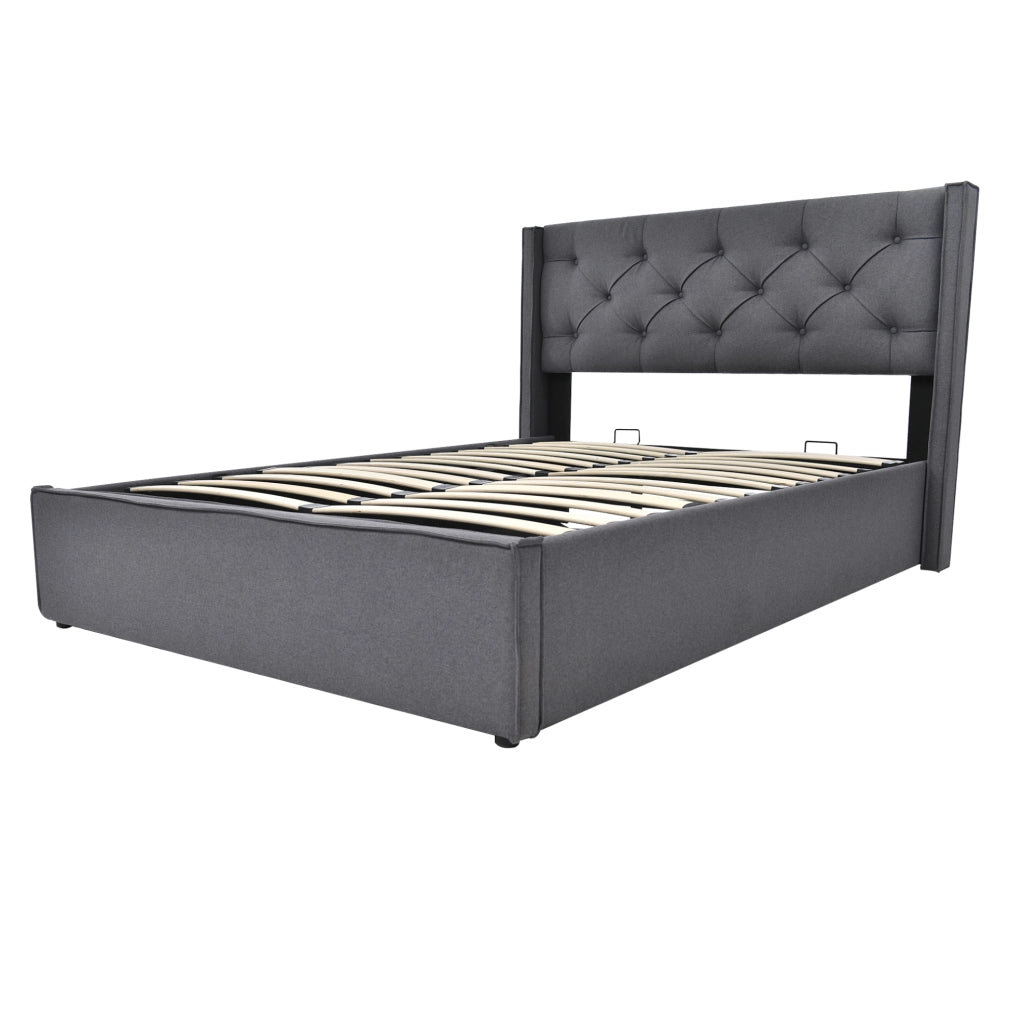 Letto matrimoniale imbottito con contenitore 140x200 cm; rete sollevabile idraulica; grigio