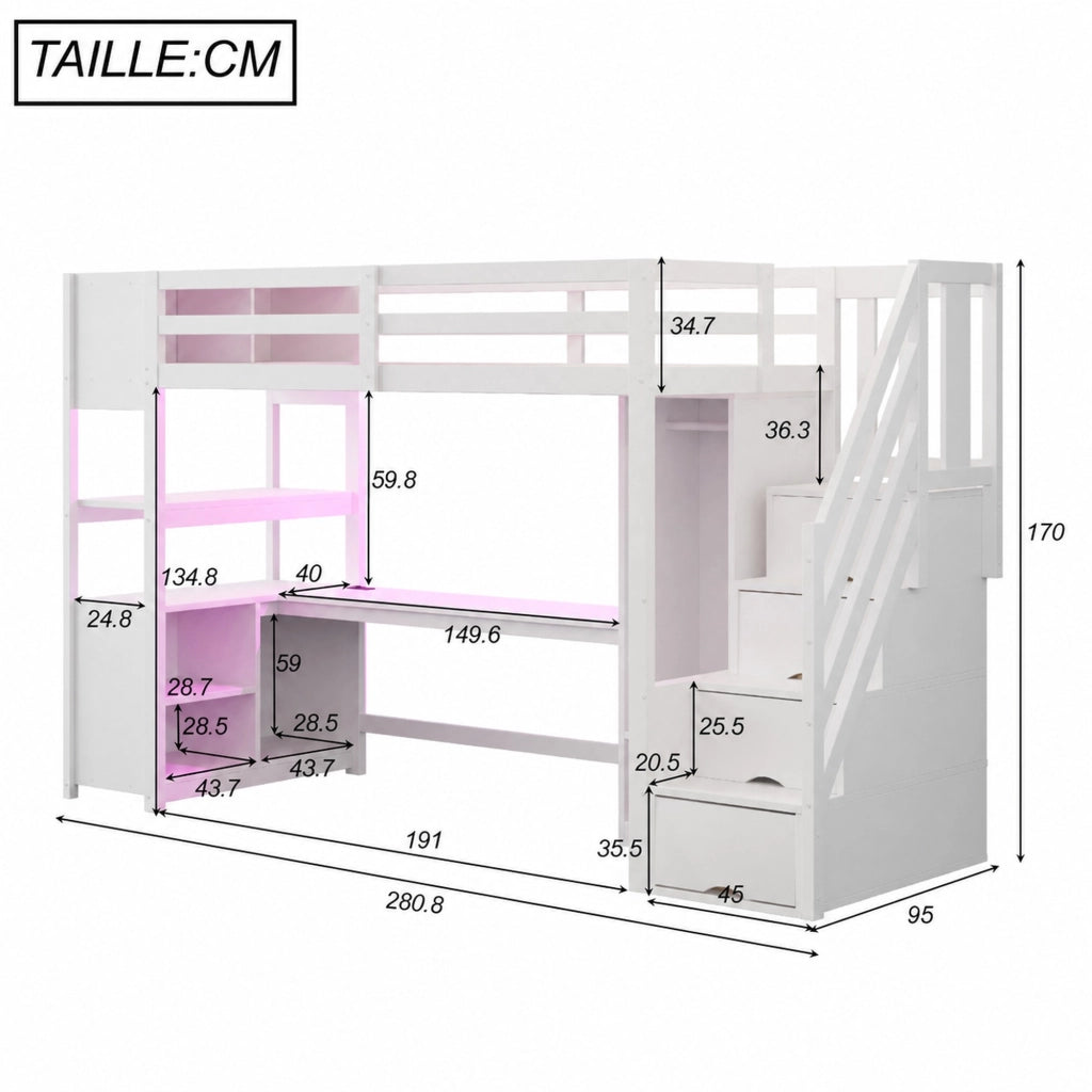 LETTO A CASTELLO MULTIFUNZIONE 90 x 200 cm Bianco con scrivania e armadio