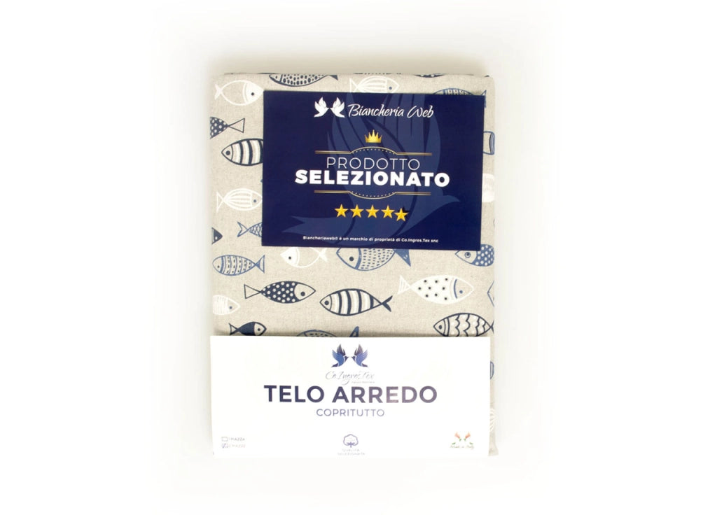 Telo Arredo Granfoulard Copritutto Cotone Made Italy Vari Disegni Arredatutto Copriletto Multiuso - 1 Piazza - Pesci Azzurro