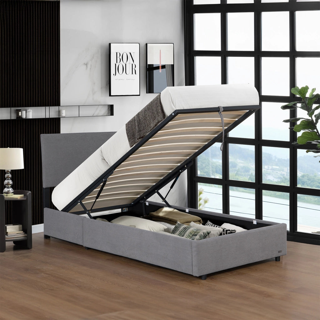 Letto Contenitore Juva con Apertura a Ribalta Letto Singolo 90x200 cm Velluto a Coste Grigio Corium