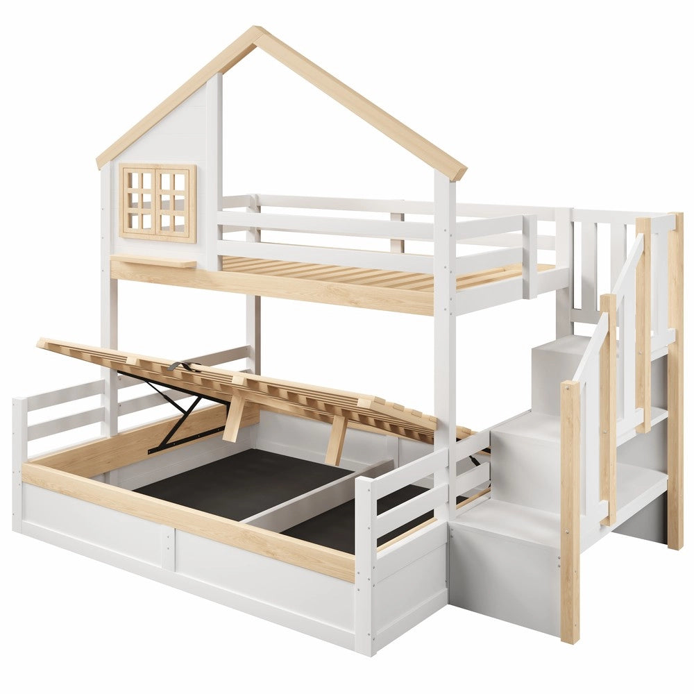 Letto a Castello 90x200 e 140x200 con Contenitore Idraulico e Rete ¨C MINIMAL ¨C Bianco e Naturale