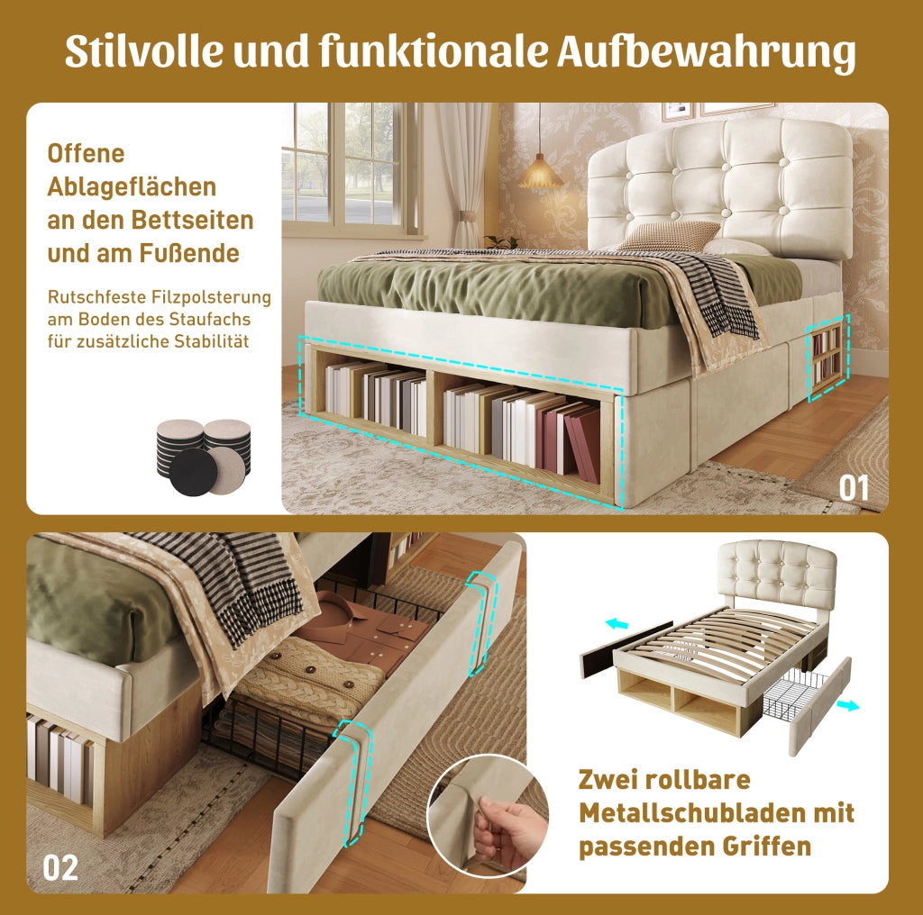 Letto singolo imbottito 90x200 cm beige con cassetti