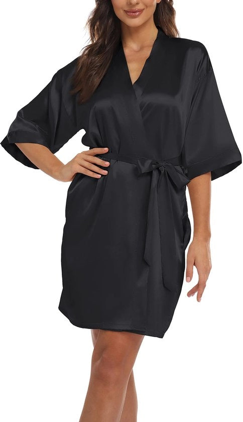 Kimono da notte con cintura e tasche per donna, V-neck, 3/4 manica, XXL, colore nero