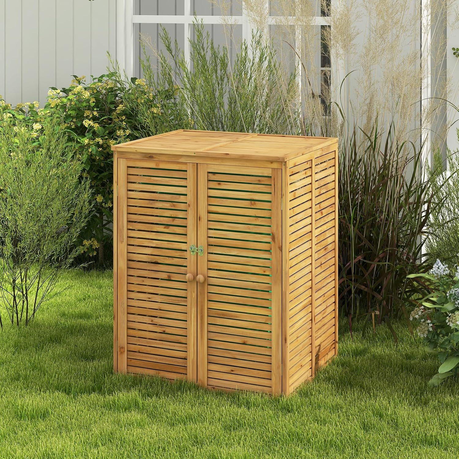 Box Portabidone dei Rifiuti in Legno 120L, Copribidone per Spazzatura con Coperchio Apribile, Doppia Porta e Serratura, Contenitore per Pattumiera da Giardino, Cortile e Terrazza