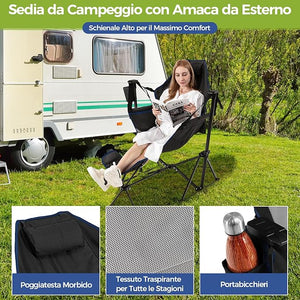 Sedia da Campeggio, Sedia Pieghevole per Esterni con Schienale e Poggiapiedi Regolabili, Poggiatesta, Porta Bicchiere e Borsa da Trasporto per Spiaggia, Giardino, Pesca, Supporta 150 kg (Nero)