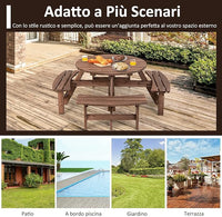 Set Tavolo da Giardino con 4 Panche Integrate, Legno Massiccio, con Foro Ombrellone, per 4-8 Persone, Tavolo Rotondo da Picnic per Esterno, Ogni Panca Porta 225 kg, 178 x 178 x 70 cm