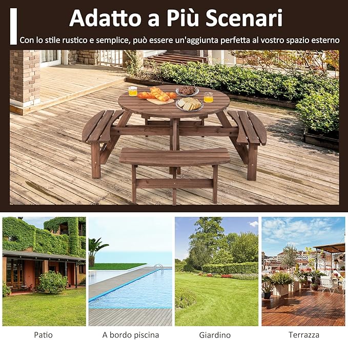 Set Tavolo da Giardino con 4 Panche Integrate, Legno Massiccio, con Foro Ombrellone, per 4-8 Persone, Tavolo Rotondo da Picnic per Esterno, Ogni Panca Porta 225 kg, 178 x 178 x 70 cm