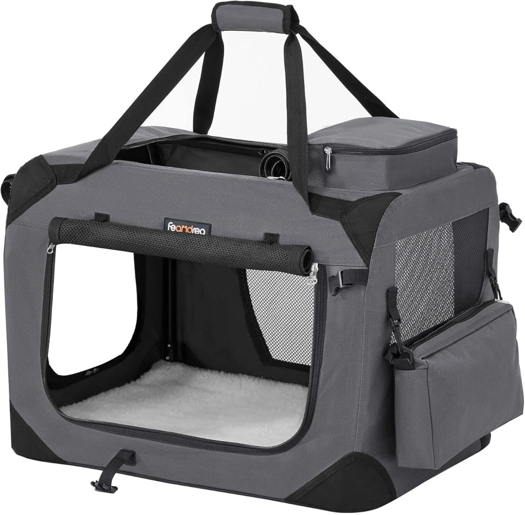Feandrea PDC060G02 - Contenitore pieghevole per cani, M, in tessuto Oxford, con rete, traspirante, portatile, telaio in metallo, con manici, tasche, 60 x 42 x 42 cm, grigio fumo