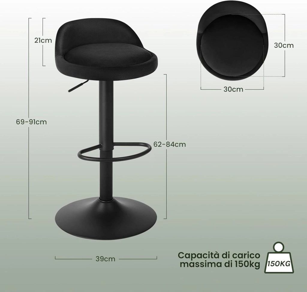 Sgabelli da Cucina in Velluto con Poggiapiedi Sgabelli da Bar Moderni per Bancone Penisola Sedie Alte Girevoli Altezza Seduta Regolabile 62-84cm, Nero 4 Pezzi 0824BY-4