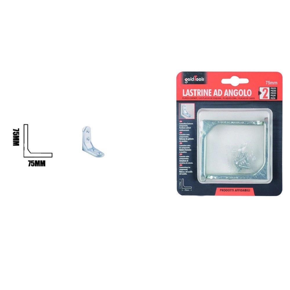 Trade Shop - Set 2 Pz Lastrina Ad Angolo 75 Mm Sostegno Staffa Angolare Con Viti Mobili 91213 -