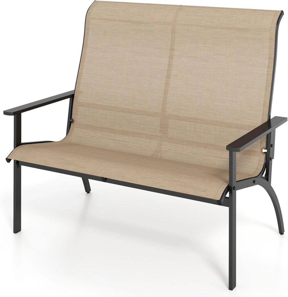 Panca giardino esterno a 2 posti, sedia Adirondack in Textilene con carico di 400 kg, panca di terrezza con schienale alto e braccioli per patio, balcone, 81 x 120 x 106 cm