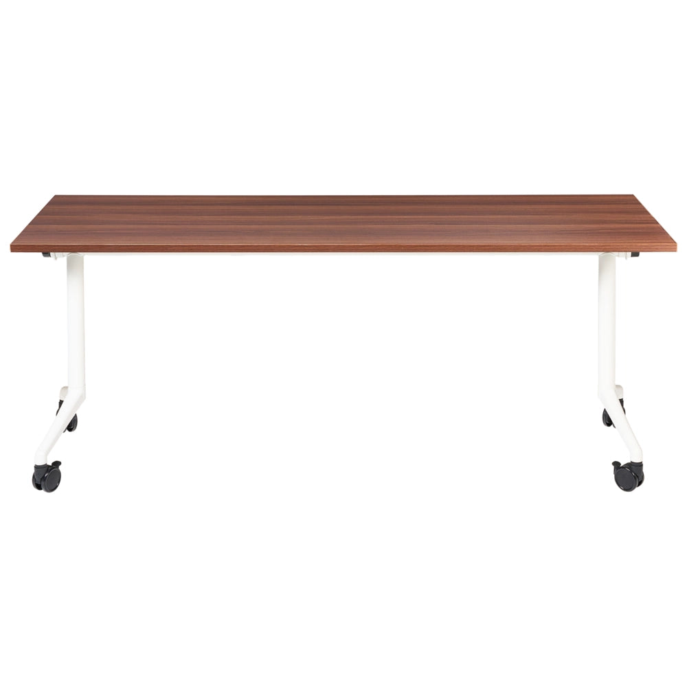 Scrivania rettangolare pieghevole con rotelle portatile con struttura in metallo marrone scuro e bianco 180 x 60 cm stile moderno