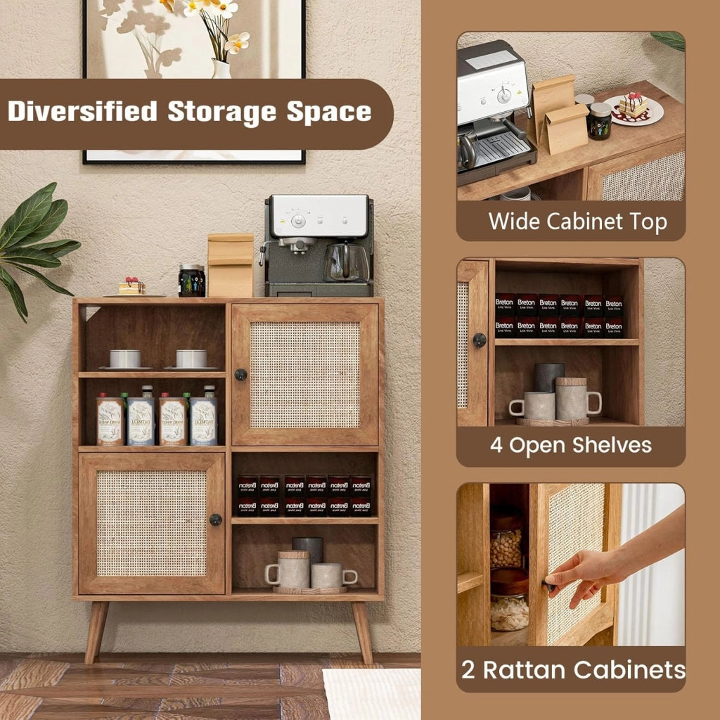 Credenza Cucina con Ante in Rattan, Armadietto a Buffet in Legno, Mobile Buffet Dispensa Elegante e Classico con Ripiano Aperto, per Sala da Pranzo, Soggiorno, 80 x 29,5 x 97 cm, Naturale