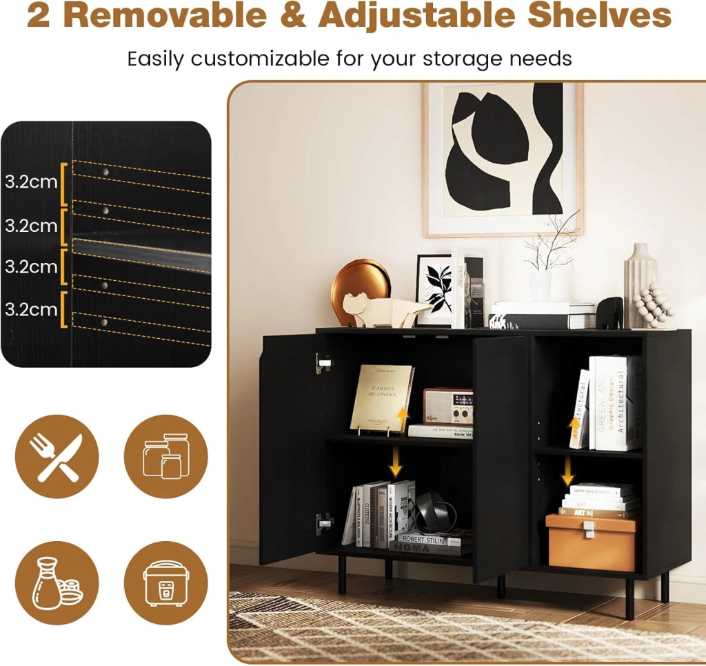 Credenza Cucina Bianca, Armadio Dispensa con Ante, Ripiano Regolabile in 5 Livelli e Dispositivo Anti-Ribaltamento, Mobile Buffet per Soggiorno e Corridoio, 106x38x80cm (L x P x A) (Nero)