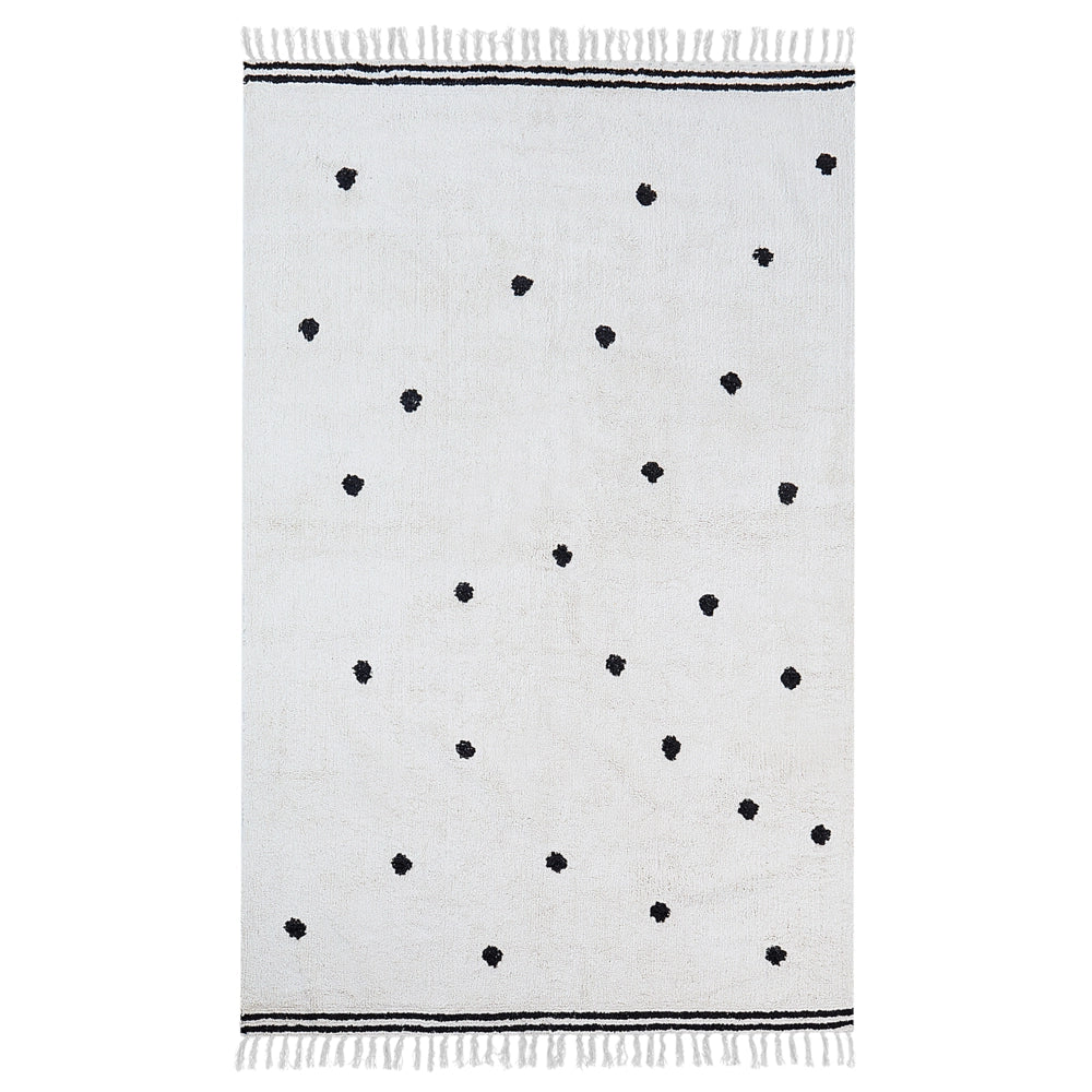 Tappeto moderno in cotone bianco con pois neri e frange rettangolare 140 x 200 cm soggiorno moderno