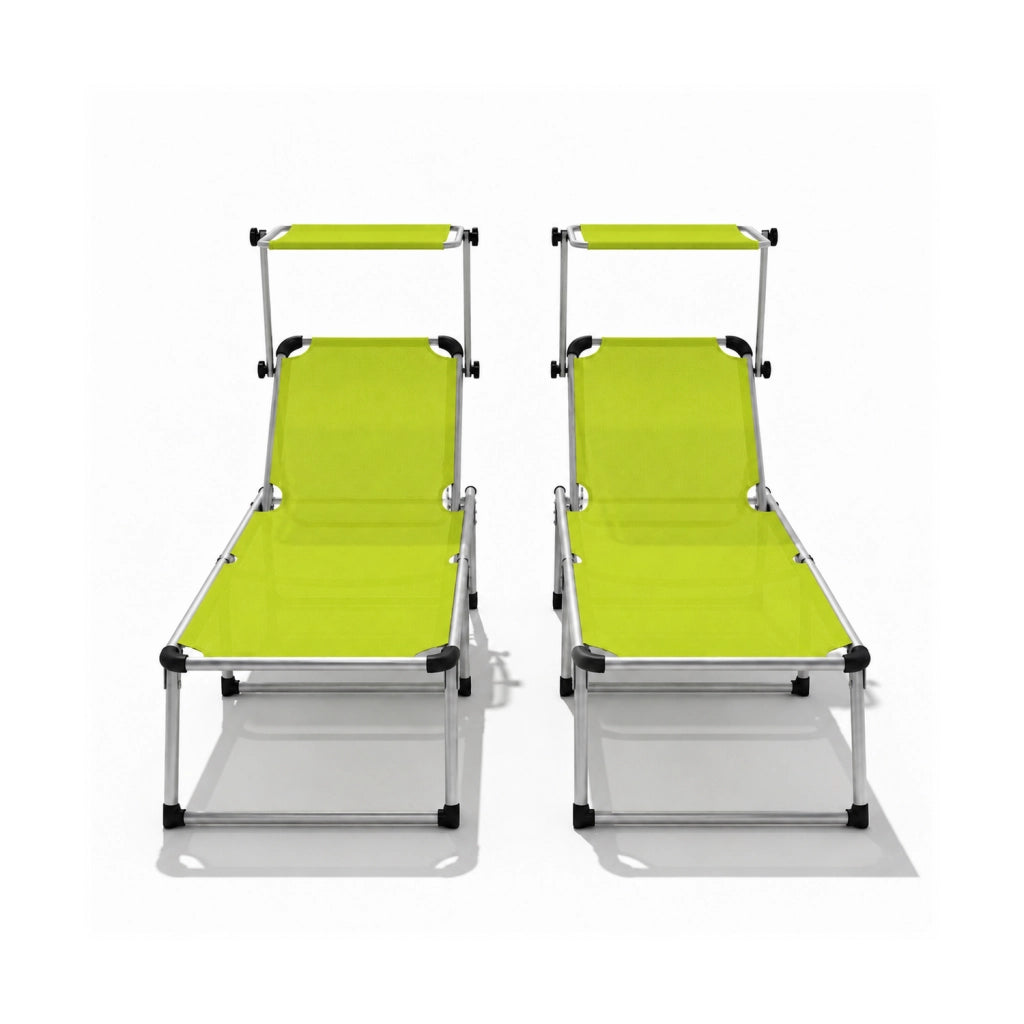 Set 2 Lettini Da Sole Richiudibili Con Tettuccio Ombreggiante Schienale Reclinabile A 6 Regolazioni Struttura Leggera In Alluminio Ideali Per Mare Spiaggia Giardino Piscina 187 x 59 x 29 Cm Verde Fluo