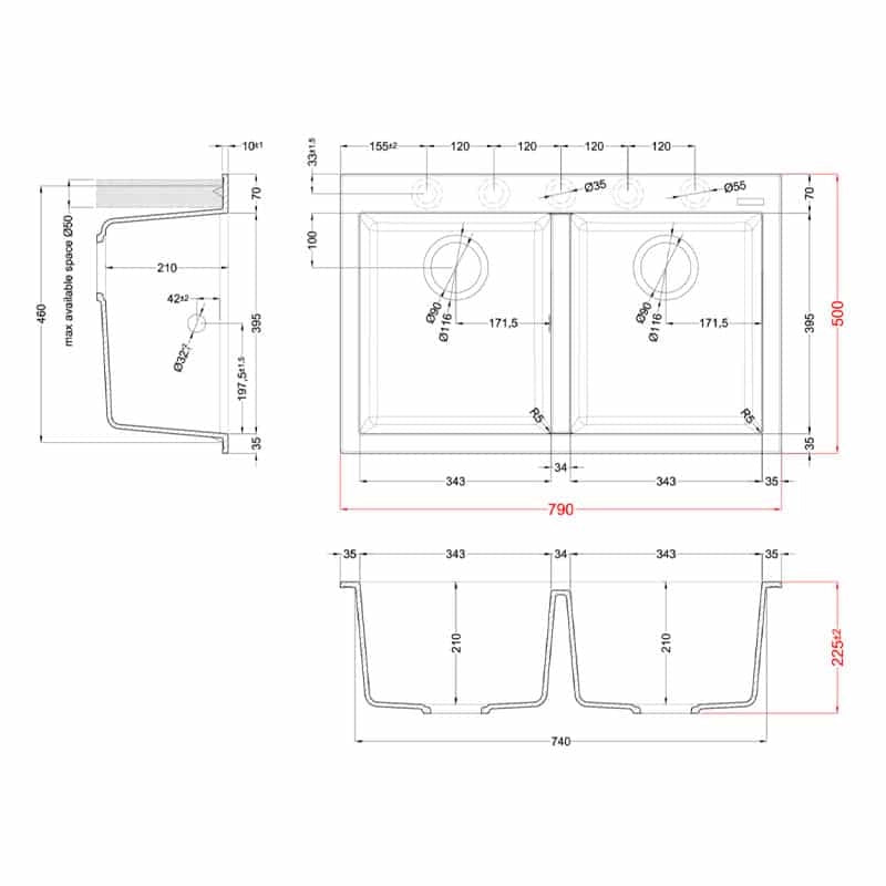 Lavello Elleci Incasso 2 vasche 79x50 Quadra 350 Granitek Espresso Marrone LGQ35078