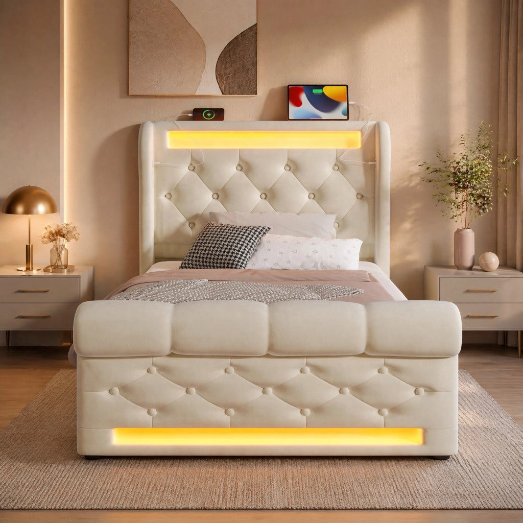LETTO Imbottito con LED e USB/Type-C 90x200 cm Velluto Beige
