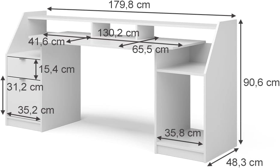 Scrivania computer Joel, Bianco, 179.8 x 65.5 cm, con ripiani per accessori e supporto rialzato per monitor