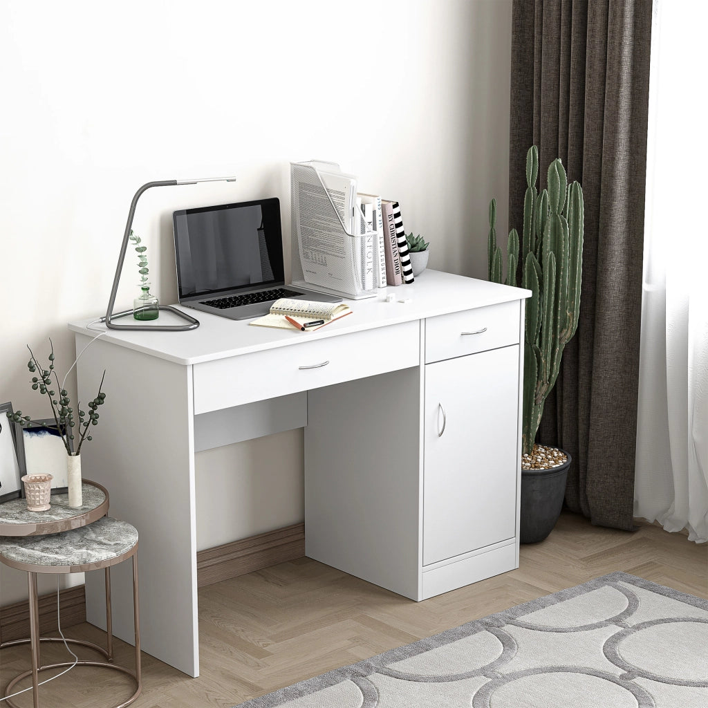 Scrivania Moderna per PC e Computer con 2 Cassetti e 1 Armadietto, Scrivania con Libreria Salvaspazio per Ufficio o Camera in Legno, Bianco